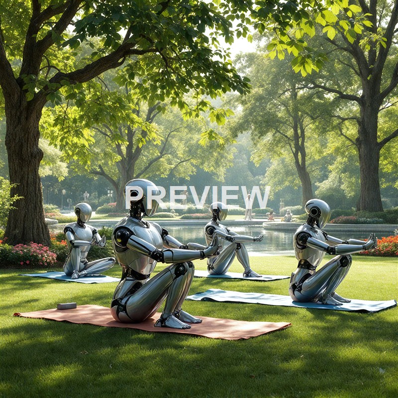 Four humanoid robots with metallic bodies are practicing yoga on mats in a lush, green park with tall trees and a pond in the background.
